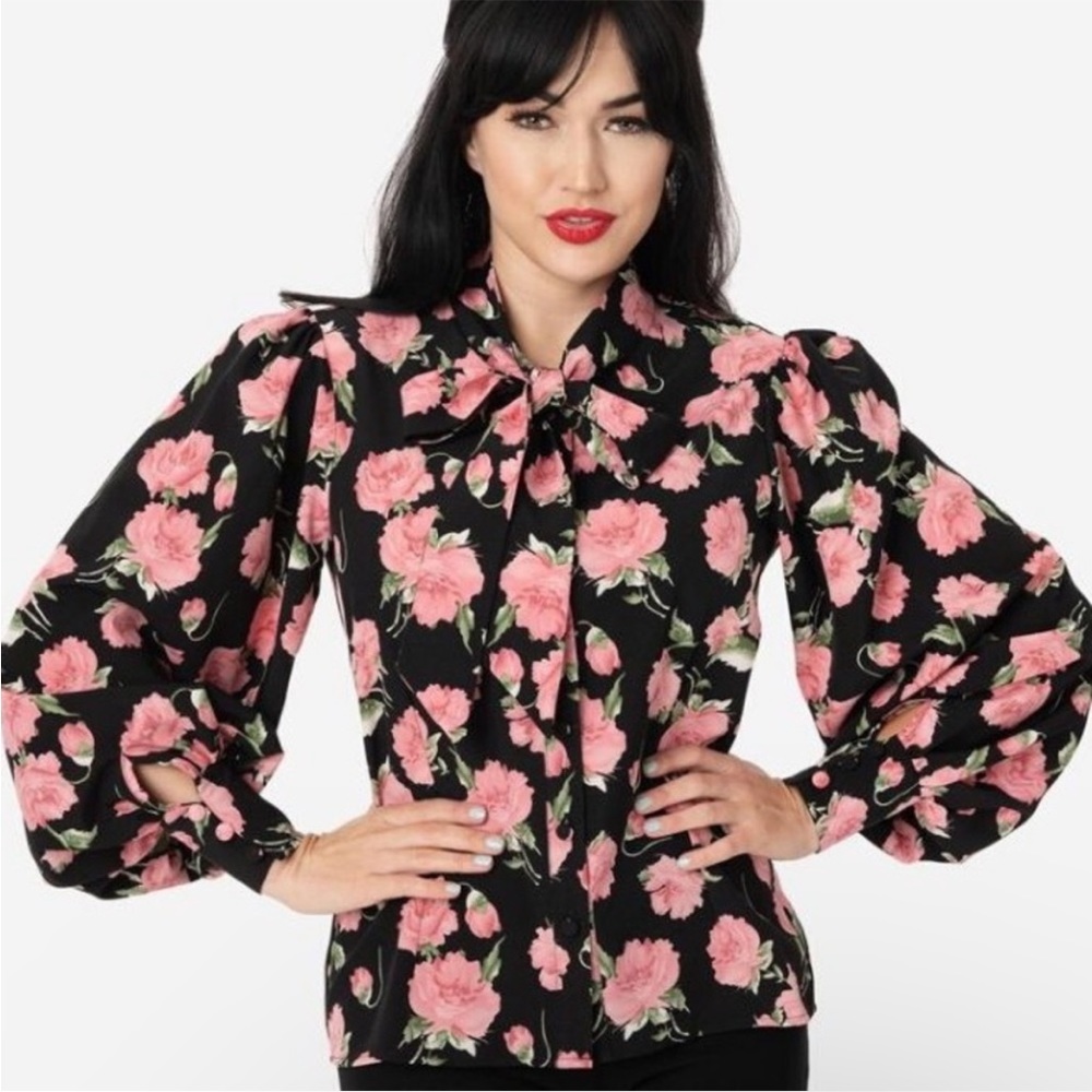 Unique Vintage Black and Pink Floral Blouse
